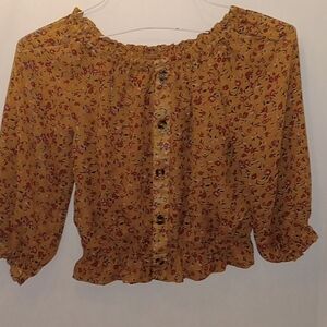 Moon & Stars floral mustard button front blouse size Medium